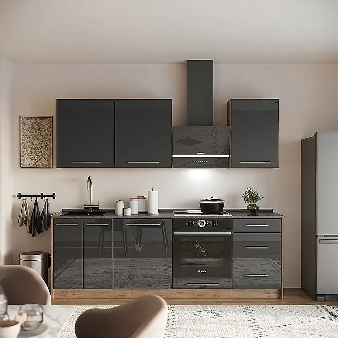 Vicco Küchenzeile - Anthrazit Hochglanz, Ohne Elektrogeräte - Moderne dunkelgraue Hochglanzküchenzeile mit Holznachbildungssockel, Einbauherd, Spüle und Dunstabzugshaube.