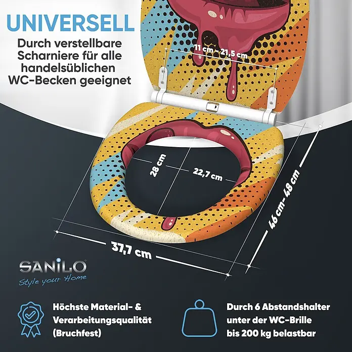 SANILO WC-Sitz Lipster mit Schnellverschluss - MDF, Rot, Gelb, Blau, Mit Absenkautomatik - WC-Sitz mit lebhaftem Pop-Art-Design aus roten Lippen, gelben, blauen und orangen Streifen. Verstellbare Scharniere für universelle Passform.