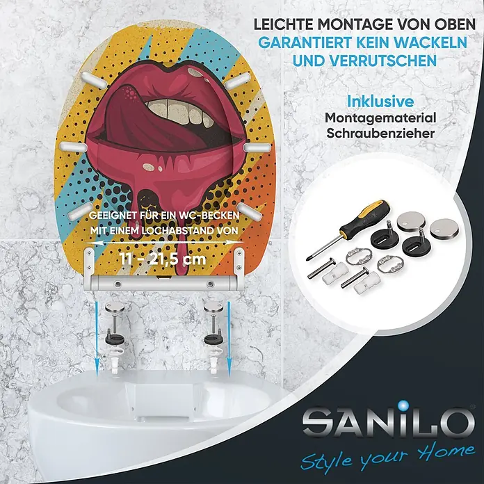 SANILO WC-Sitz Lipster mit Schnellverschluss - MDF, Rot, Gelb, Blau, Mit Absenkautomatik - Pop-Art Toilettensitz mit roten Lippen, von oben auf WC montiert. Inkl. Montagematerial und Schraubenzieher für einfache, stabile Befestigung.