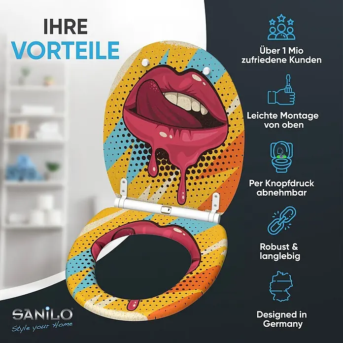 SANILO WC-Sitz Lipster mit Schnellverschluss - MDF, Rot, Gelb, Blau, Mit Absenkautomatik - Ein Toilettensitz mit lebhaftem Pop-Art-Design, das rote Lippen und Punkte zeigt, beworben mit einfacher Montage und Langlebigkeit.
