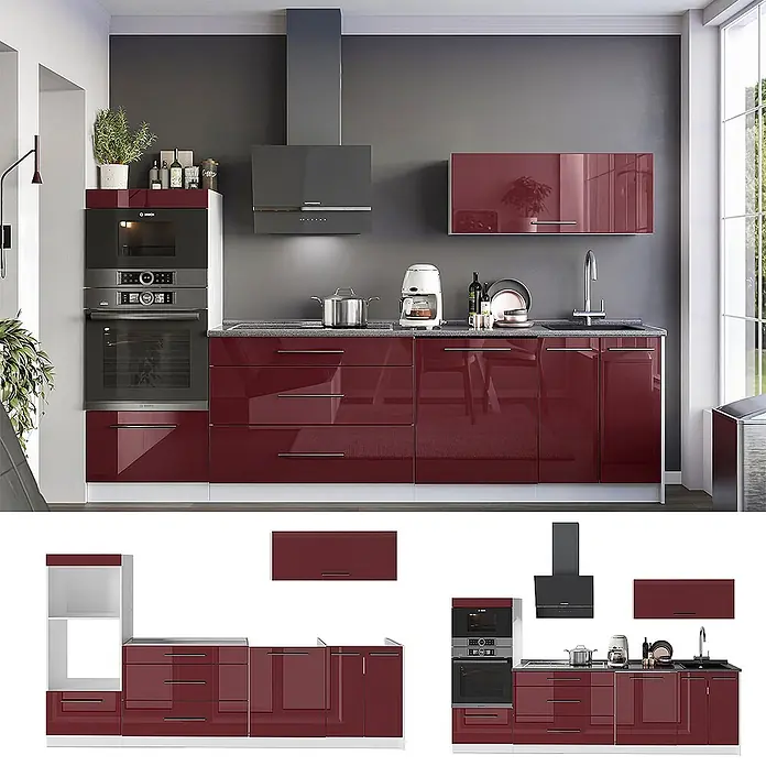 Vicco Küchenzeile - Breite: 280 cm, Bordeaux Hochglanz, Ohne Elektrogeräte - Moderne modulare Küche mit hochglänzenden weinroten Schränken, dunkler Arbeitsplatte und integrierten Geräten. Elegantes Design.