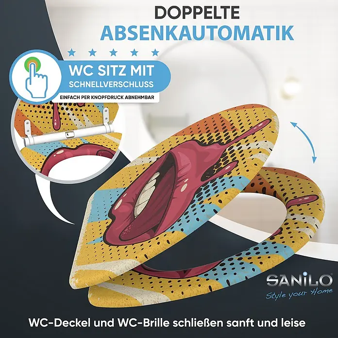 SANILO WC-Sitz Lipster mit Schnellverschluss - MDF, Rot, Gelb, Blau, Mit Absenkautomatik - WC-Sitz mit Pop-Art-Design, Lippen und bunten Mustern. Mit doppelter Absenkautomatik und Schnellverschluss.