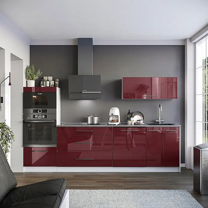 Vicco Küchenzeile - Breite: 280 cm, Bordeaux Hochglanz, Ohne Elektrogeräte - Moderne Küche mit eleganten, hochglänzenden burgunderroten Schränken, dunkler Arbeitsplatte und Einbaugeräten.