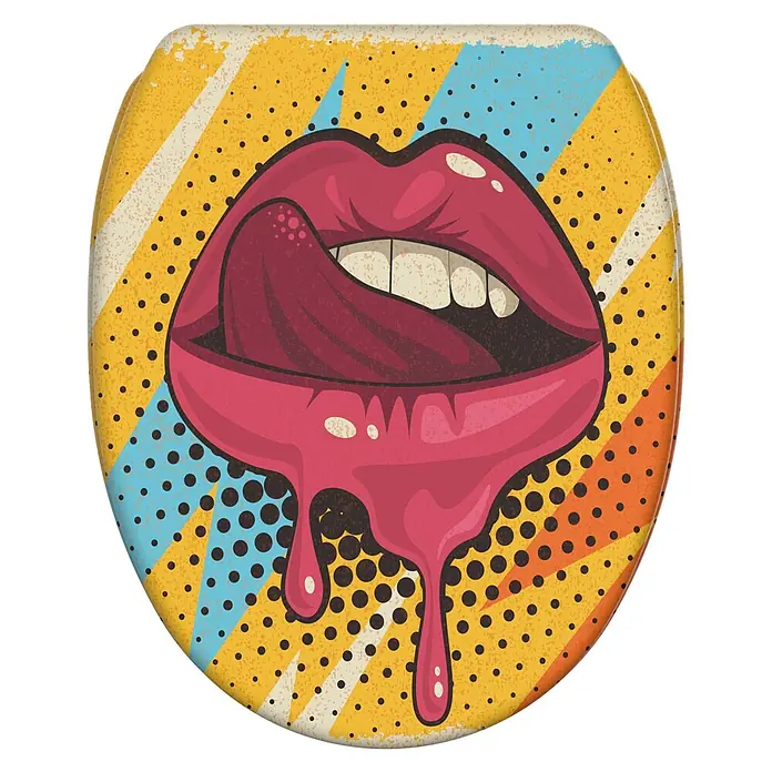 SANILO WC-Sitz Lipster mit Schnellverschluss - MDF, Rot, Gelb, Blau, Mit Absenkautomatik - Pop-Art-Toilettensitzbezug mit roten Lippen, Zunge und tropfender Flüssigkeit auf lebhaftem gelb, blau, orange gestreiftem Hintergrund.