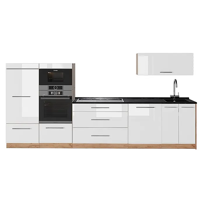 Vicco Küchenzeile - Weiß Hochglanz, Ohne Elektrogeräte - Moderne weiße Küche mit integrierten Bosch-Geräten, schwarzer Arbeitsplatte, Spüle und Holzsockel.