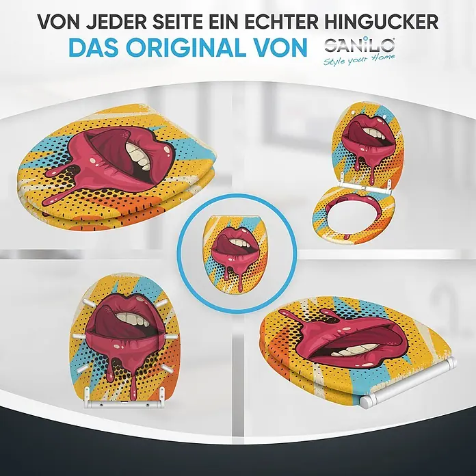 SANILO WC-Sitz Lipster mit Schnellverschluss - MDF, Rot, Gelb, Blau, Mit Absenkautomatik - Vibranter Pop-Art Toilettensitz mit roten Lippen und Zungenmotiv, von verschiedenen Seiten offen und geschlossen gezeigt.