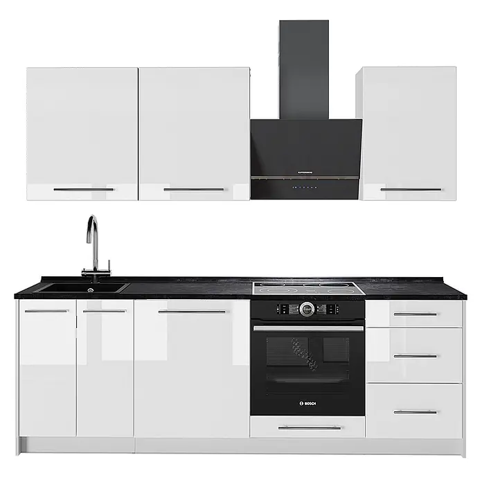 Vicco Küchenzeile - Weiß Hochglanz, Ohne Elektrogeräte - Moderne Küchenzeile mit glänzend weißen Schränken, dunklen Arbeitsplatten, Spüle, Armatur, schwarzem Backofen, Kochfeld und Dunstabzugshaube.
