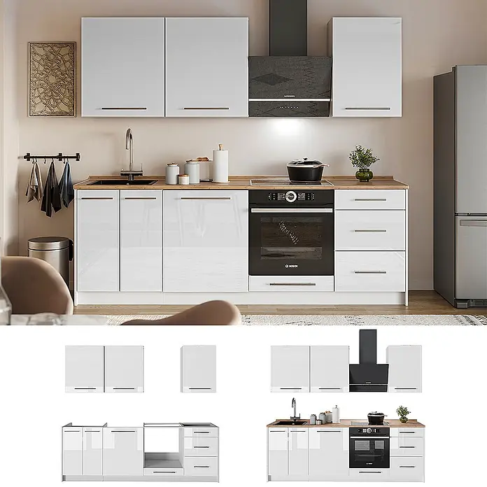 Vicco Küchenzeile - Weiß Hochglanz, Ohne Elektrogeräte - Weiße Hochglanz-Küchenzeile mit Holzdekor-Arbeitsplatte, Spüle, Backofen und Dunstabzugshaube, in moderner Küche.