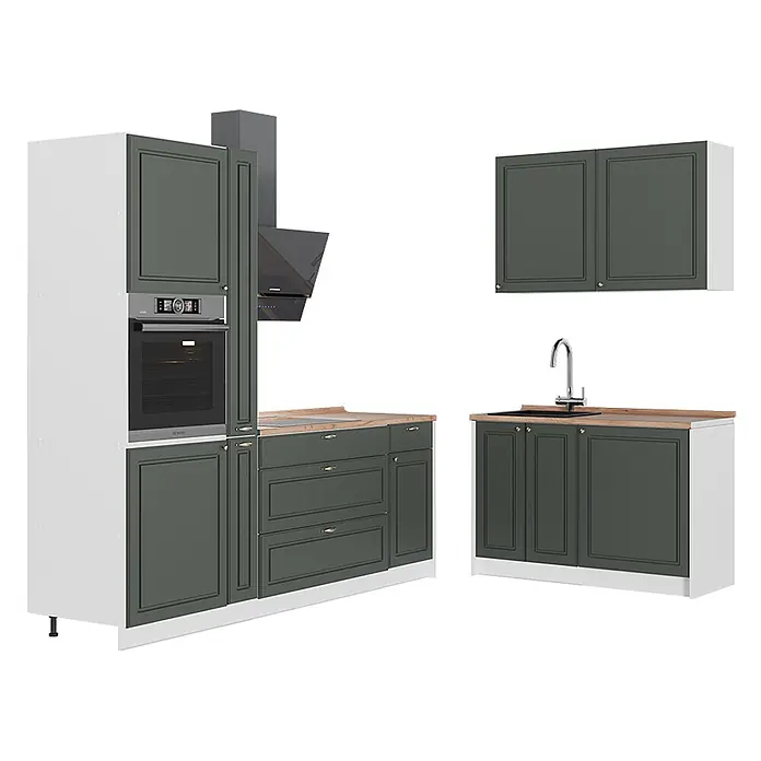 Vicco Eckküche - B x T: 220 x 60 cm, Grün-Gold Landhaus, Ohne Elektrogeräte - Moderne dunkelgraue Küchenzeile mit weißen Rahmen, hellen Holzplatten, integriertem Backofen, Kochfeld, Spüle und Dunstabzugshaube.