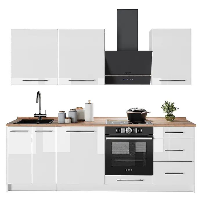 Vicco Küchenzeile - Weiß Hochglanz, Ohne Elektrogeräte - Moderne weiße Hochglanzküche mit schwarzen Einbaugeräten und einer hellen Holzoptik-Arbeitsplatte.