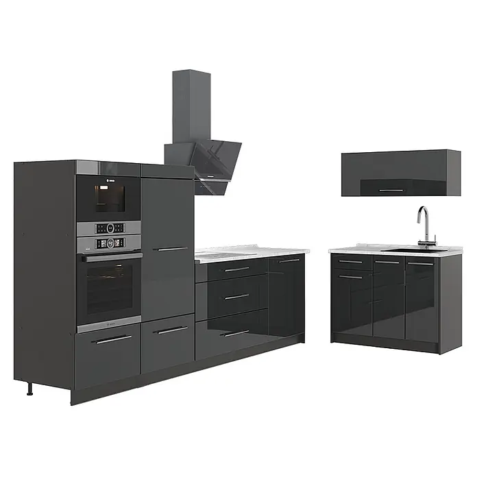 Vicco Küchenzeile - Breite: 380 cm, Anthrazit Hochglanz, Ohne Elektrogeräte - Moderne dunkelgraue Hochglanzküche mit integriertem Backofen, Mikrowelle, Kochfeld, Dunstabzug und Spüle.