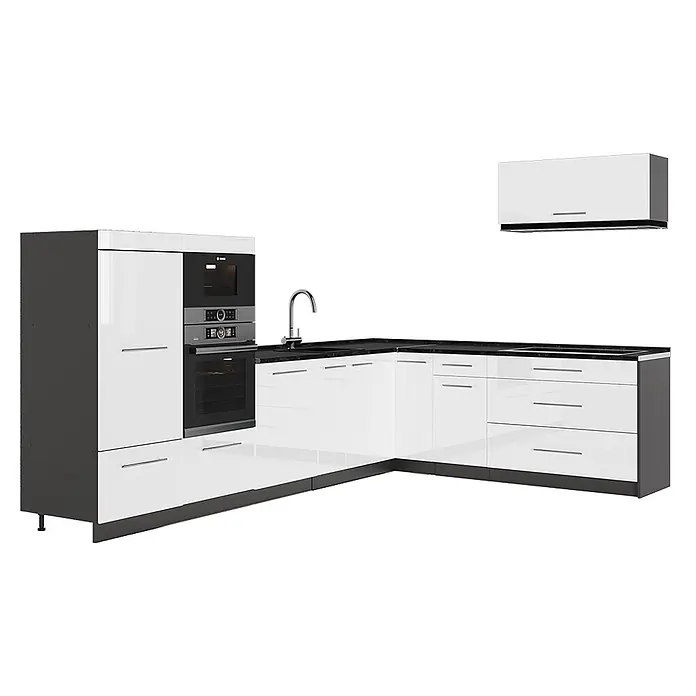 Vicco Eckküche - Weiß Hochglanz, Ohne Elektrogeräte - Moderne L-förmige Küche mit glänzenden weißen Schränken, dunklen Arbeitsplatten, integriertem Backofen und Mikrowelle. Edelstahlarmatur und Griffe.