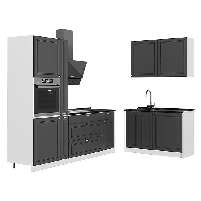 Vicco Eckküche - B x T: 220 x 60 cm, Anthrazit-Gold Landhaus, Ohne Elektrogeräte - Dunkelgraue Küchenschränke mit weißen Seitenwänden, schwarzen Arbeitsplatten, Backofen, Spüle und Wasserhahn.