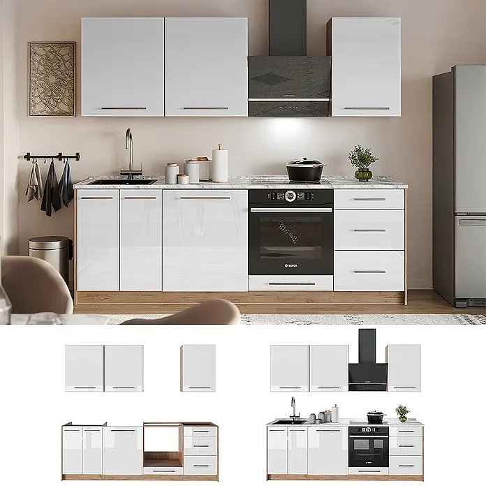 Vicco Küchenzeile - Weiß Hochglanz, Ohne Elektrogeräte - Moderne Einbauküche mit weißen Hochglanzschränken, Holzsockel, schwarzem Backofen und Dunstabzugshaube.