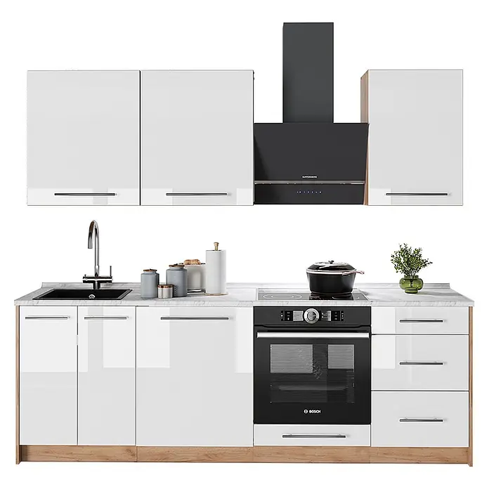 Vicco Küchenzeile - Weiß Hochglanz, Ohne Elektrogeräte - Weiße Hochglanz-Küchenschränke mit schwarzen Griffen, Spüle, Induktionskochfeld, Backofen und Dunstabzugshaube, mit hellem Holzsockel.