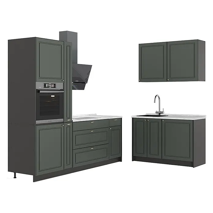 Vicco Eckküche - B x T: 220 x 60 cm, Grün-Gold Landhaus, Ohne Elektrogeräte - Modulküche in Dunkelgrün mit weißer Arbeitsplatte, integriertem Backofen, Spüle, Dunstabzugshaube und Hängeschränken.