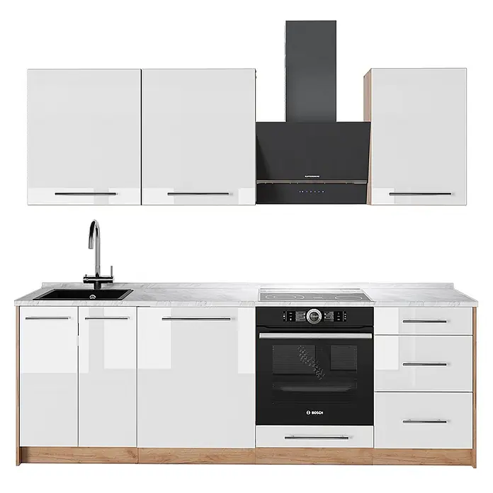 Vicco Küchenzeile - Weiß Hochglanz, Ohne Elektrogeräte - Moderne Küchenzeile mit weißen Hochglanzschränken, schwarzen Geräten (Ofen, Kochfeld, Spüle, Dunstabzug), Marmorarbeitsplatte und Holzsockel.