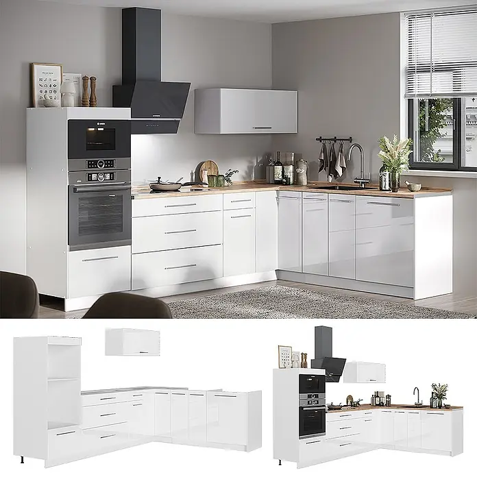 Vicco Eckküche - B x T: 287 x 60 cm, Weiß Hochglanz, Ohne Elektrogeräte - Moderne L-förmige Küchenzeile in Weiß Hochglanz mit Holz-Arbeitsplatte, integrierten Öfen und dunkler Dunstabzugshaube in einer Küche.