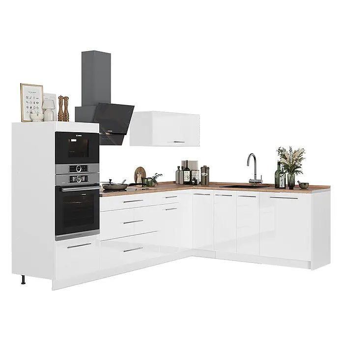 Vicco Eckküche - B x T: 287 x 60 cm, Weiß Hochglanz, Ohne Elektrogeräte