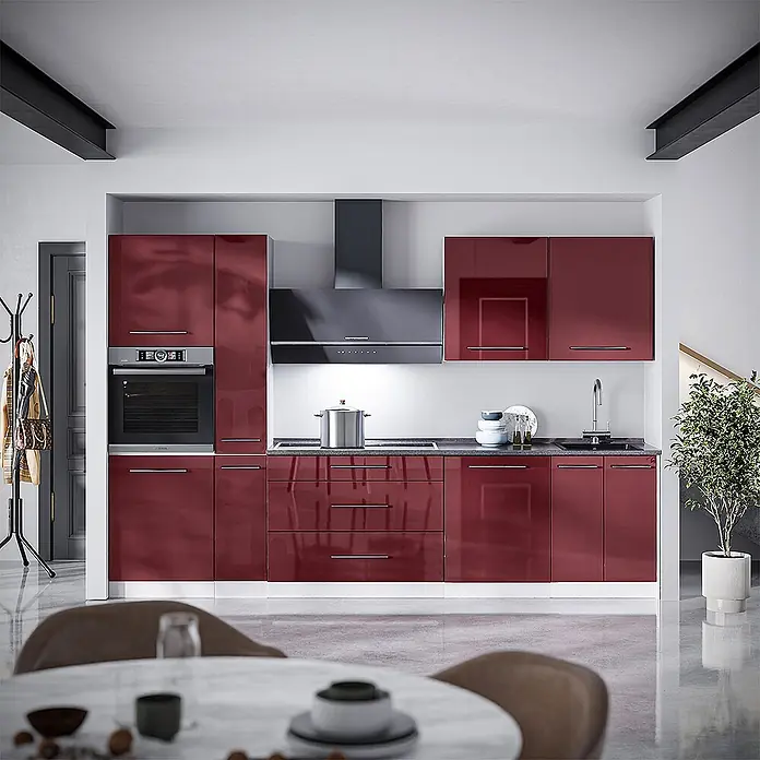 Vicco Küchenzeile - Bordeaux Hochglanz, Ohne Elektrogeräte - Moderne Küche mit hochglänzenden weinroten Schränken, integriertem Backofen, Kochfeld und Dunstabzugshaube. Mit eleganten Griffen und dunklen Arbeitsplatten.