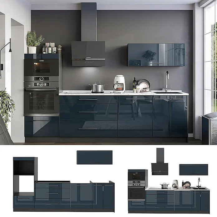 Vicco Küchenzeile - Breite: 280 cm, Dunkelblau Hochglanz, Ohne Elektrogeräte - Moderne Küche mit glänzenden petrolblauen Schränken, integrierten Geräten und einer weißen Arbeitsplatte.