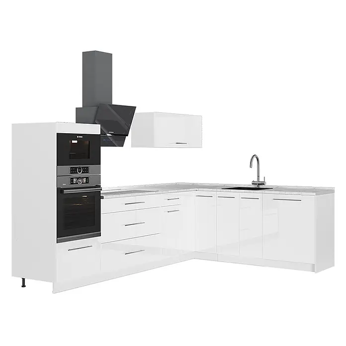 Vicco Eckküche - B x T: 287 x 60 cm, Weiß Hochglanz, Ohne Elektrogeräte - Moderne L-förmige Küchenzeile mit hochglänzenden weißen Schränken, grauer Arbeitsplatte, integrierten Öfen, schwarzer Spüle und Dunstabzugshaube.