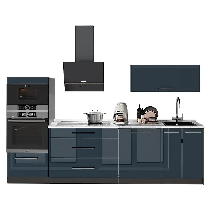 Vicco Küchenzeile - Breite: 280 cm, Dunkelblau Hochglanz, Ohne Elektrogeräte - Moderne glänzende dunkelblaue Küchenzeile mit integrierten Geräten, weißer Arbeitsplatte und Spüle.