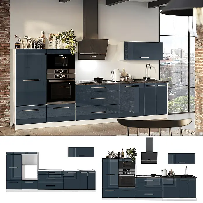 Vicco Küchenzeile - Breite: 340 cm, Dunkelblau Hochglanz, Ohne Elektrogeräte - Moderne dunkelblaue Hochglanz-Küchenschränke mit integrierten Geräten in einem zeitgenössischen Ambiente.