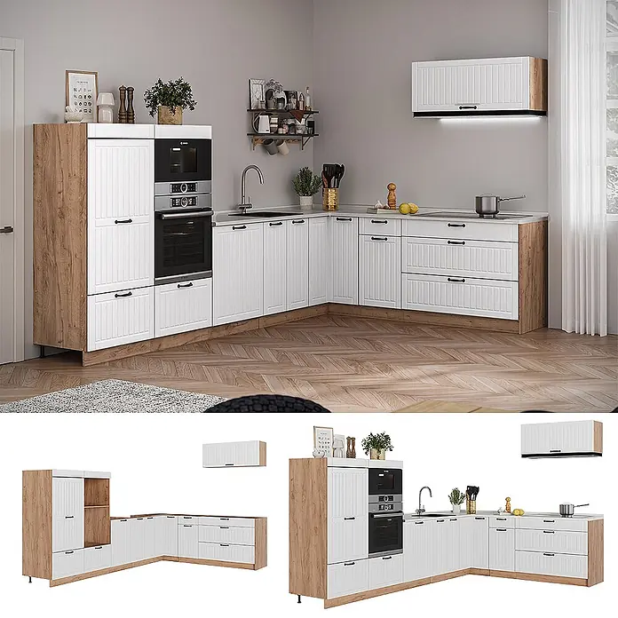 Vicco Eckküche - Weiß Landhaus, Ohne Elektrogeräte - Weiße gerippte Eckküche mit Holzoptik-Akzenten und integriertem Backofen und Mikrowelle.