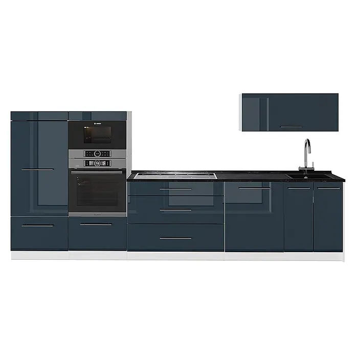 Vicco Küchenzeile - Breite: 340 cm, Dunkelblau Hochglanz, Ohne Elektrogeräte - Moderne hochglanz dunkelblaue Küchenzeile mit integriertem Backofen, Mikrowelle, Kochfeld, Spüle und Schränken, schwarze Arbeitsplatte.