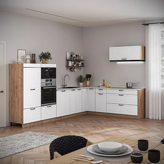 Vicco Eckküche - Weiß Landhaus, Ohne Elektrogeräte - Moderne L-förmige Küche mit weißen Paneel-Fronten und hellen Holz-Akzenten, inklusive integriertem Backofen und Mikrowelle.