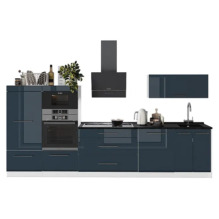 Vicco Küchenzeile - Breite: 340 cm, Dunkelblau Hochglanz, Ohne Elektrogeräte - Moderne dunkelblaue Küche mit Hochglanzschränken, schwarzer Arbeitsplatte, integriertem Ofen, Herd, Spüle und Kühlschrank.