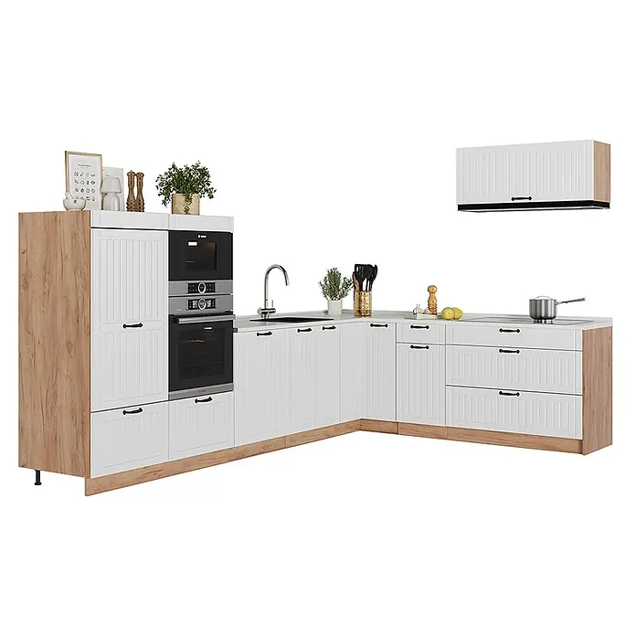 Vicco Eckküche - Weiß Landhaus, Ohne Elektrogeräte - L-förmige Küchenzeile mit weißen Paneel-Schränken, Holzmaserung, integriertem Ofen, Mikrowelle, Spüle und Hängeschrank.