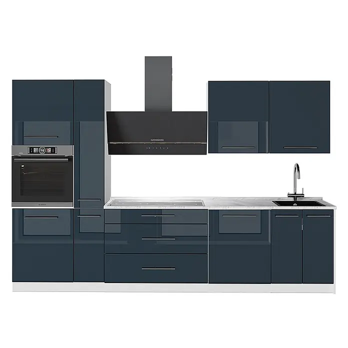 Vicco Küchenzeile - Breite: 310 cm, Dunkelblau Hochglanz, Ohne Elektrogeräte - Moderne hochglänzende dunkelblaue Küchenzeile mit integriertem Backofen, Induktionskochfeld, Spüle und Dunstabzugshaube auf weißer Marmor-Arbeitsplatte.