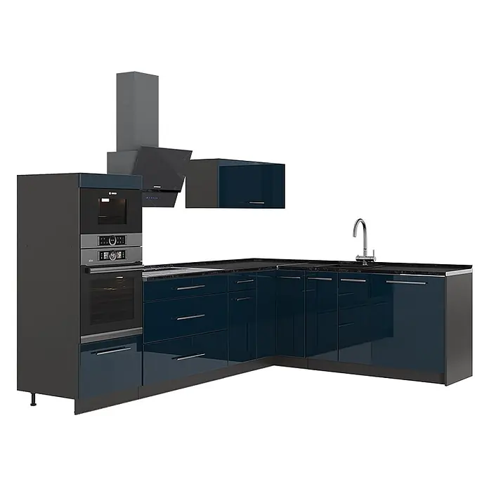 Vicco Eckküche - B x T: 287 x 60 cm, Dunkelblau Hochglanz, Ohne Elektrogeräte - Moderne L-förmige Küche mit dunkelblauen Hochglanzschränken, schwarzer Arbeitsplatte, integriertem Backofen, Mikrowelle, Spüle und Dunstabzugshaube.