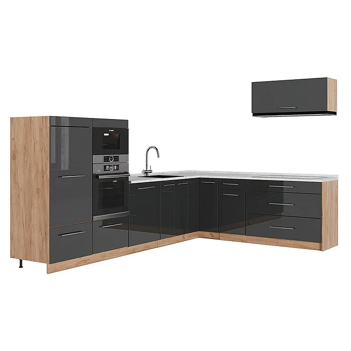 Vicco Eckküche - Anthrazit Hochglanz, Ohne Elektrogeräte - L-förmige Küchenzeile mit glänzenden dunkelgrauen Fronten, hellen Holzdetails, integriertem Backofen, Mikrowelle, Spüle und passendem Hängeschrank.