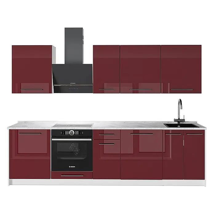 Vicco Küchenzeile - Bordeaux Hochglanz, Ohne Elektrogeräte - Moderne Hochglanz-Bordeaux-Küche mit integriertem Backofen, Kochfeld, Spüle und Dunstabzugshaube.