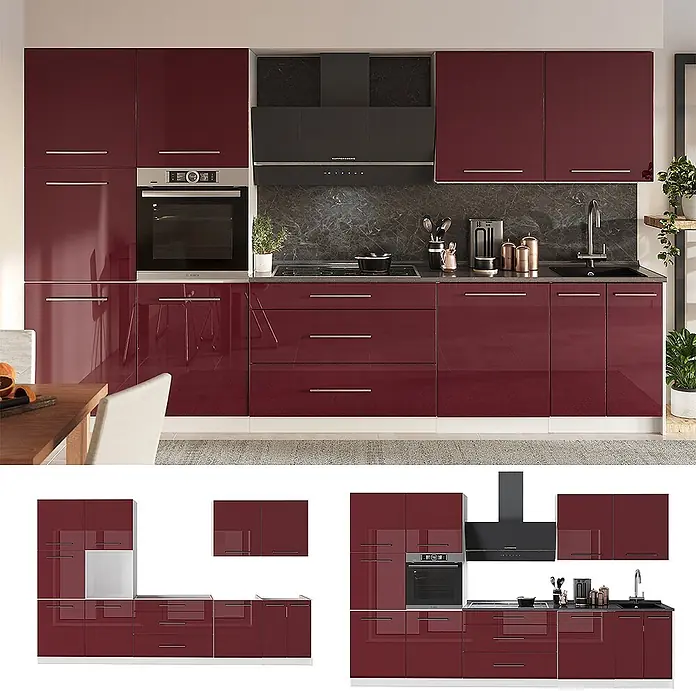 Vicco Küchenzeile - Bordeaux Hochglanz, Ohne Elektrogeräte - Elegante bordeauxrote Küche mit integriertem Backofen, Kochfeld und Spüle.