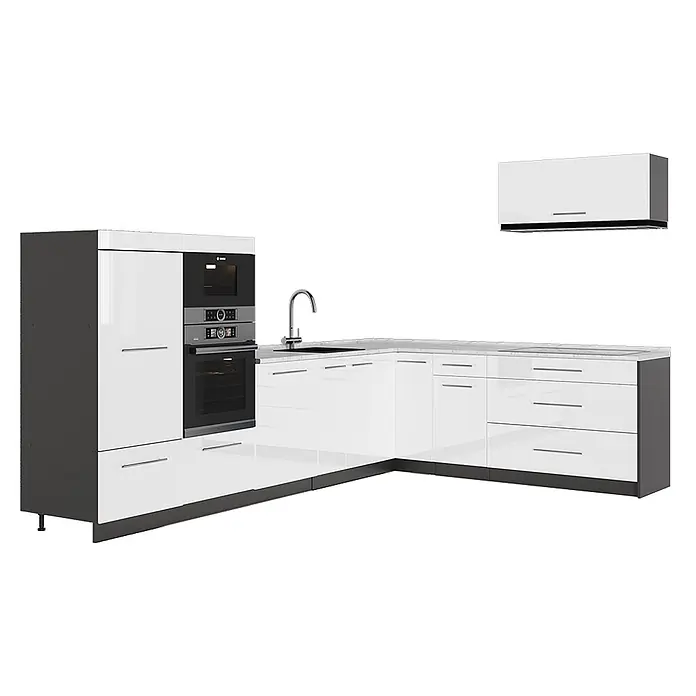 Vicco Eckküche - Weiß Hochglanz, Ohne Elektrogeräte - Moderne weiße Hochglanzküche mit dunkelgrauen Akzenten, L-förmigen Unterschränken, Hochschrank mit Backöfen, Spüle und Hängeschrank.