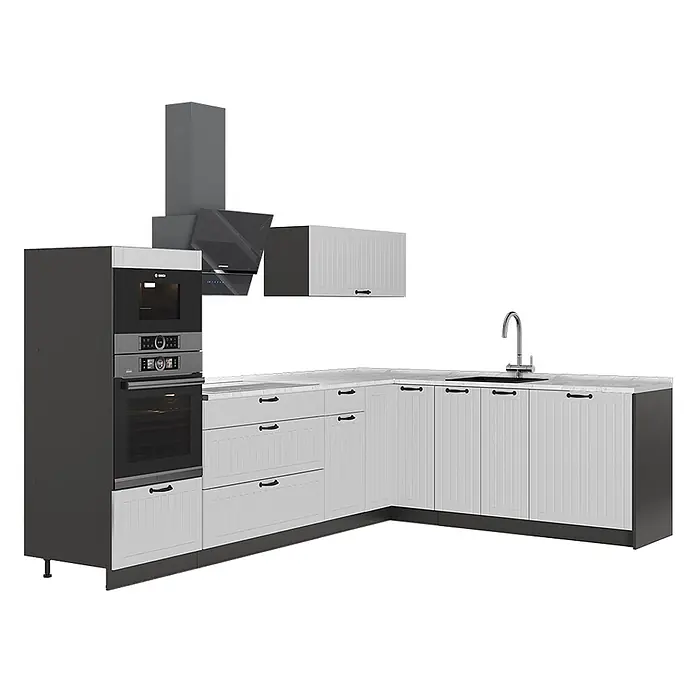 Vicco Eckküche - B x T: 287 x 60 cm, Weiß Landhaus, Ohne Elektrogeräte - Moderne L-förmige Küchenzeile mit dunkelgrauen Rahmen, weißen gerillten Fronten, integrierten Öfen, Spüle und Dunstabzugshaube.