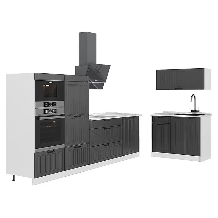 Vicco Küchenzeile - Dunkelgrau, Ohne Elektrogeräte - Dunkelgraue Küchenzeile mit integriertem Backofen, Mikrowelle, Kochfeld und Spülbecken, mit weißen Arbeitsplatten.