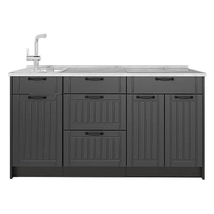 Vicco Küchenleerblock - Breite: 150 cm, Dunkelgrau - Dunkelgraue Küchenzeile mit weißer Marmor-Arbeitsplatte, integrierter Spüle, Armatur und Kochfeld. Mit Paneeltüren und schwarzen Griffen.