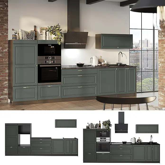 Vicco Küchenzeile - Breite: 340 cm, Grün-Gold Landhaus, Ohne Elektrogeräte - Dunkelgrüne Modulküche mit Unter- und Oberschränken, integrierten Öfen und Spüle in modernem Ambiente.