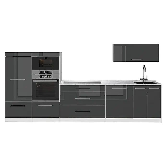 Vicco Küchenzeile - Breite: 340 cm, Anthrazit Hochglanz, Ohne Elektrogeräte - Moderne, glänzend dunkelgraue Küchenzeile mit integrierten Bosch-Geräten (Ofen, Mikrowelle, Kochfeld), weißer Marmor-Arbeitsplatte und schwarzem Spülbecken mit Chromarmatur.