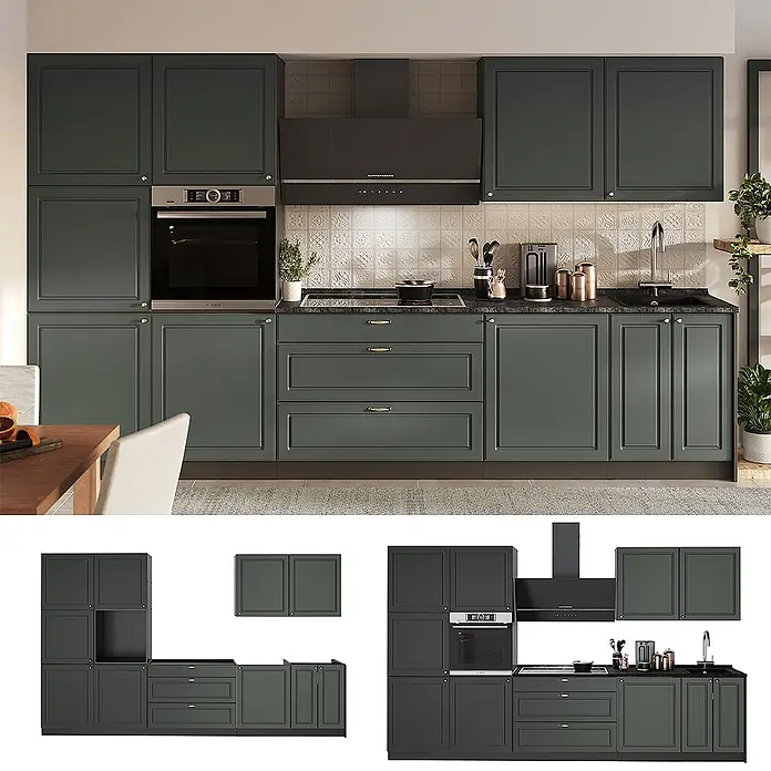 Vicco Küchenzeile - Breite: 340 cm, Grün-Gold Landhaus, Ohne Elektrogeräte - Komplette dunkelgrüne Shaker-Küche mit Messingbeschlägen, integriertem Backofen, Kochfeld und Spüle.