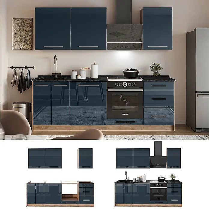 Vicco Küchenzeile - Dunkelblau Hochglanz, Ohne Elektrogeräte - Blaue Hochglanz-Modulküche mit Holzsockel, Spüle, Backofen und Kühlschrank.