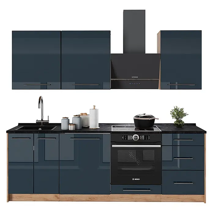 Vicco Küchenzeile - Dunkelblau Hochglanz, Ohne Elektrogeräte - Moderne Küchenzeile mit glänzenden dunkelblauen Schränken, schwarzer Arbeitsplatte, hellem Holzsockel, Spüle, Kochfeld, Backofen und Dunstabzugshaube.