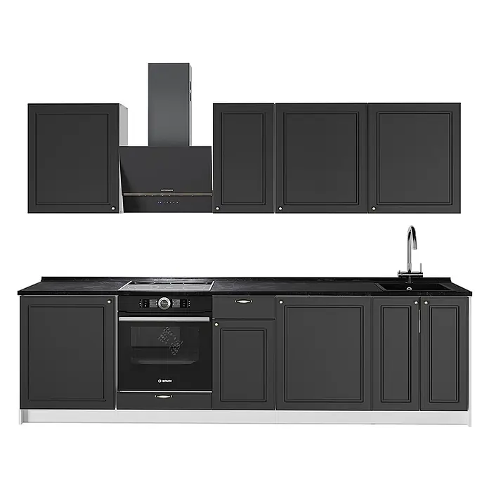 Vicco Küchenzeile - Breite: 280 cm, Anthrazit-Gold Landhaus, Ohne Elektrogeräte - Dunkelgraue modulare Küchenzeile mit integriertem Backofen, Kochfeld, Spüle, Armatur und Dunstabzugshaube.