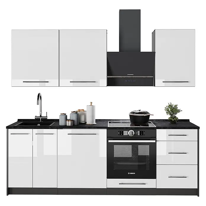 Vicco Küchenzeile - Weiß Hochglanz, Ohne Elektrogeräte - Moderne Küchenzeile mit weißen Hochglanzschränken, schwarzer Arbeitsplatte, Spüle, Kochfeld, Backofen und Dunstabzugshaube.