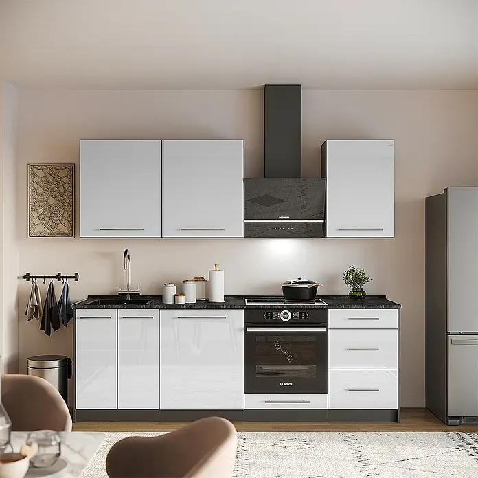 Vicco Küchenzeile - Weiß Hochglanz, Ohne Elektrogeräte - Moderne Hochglanz-Küchenzeile in Weiß mit schwarzer Arbeitsplatte, integriertem Ofen, Kochfeld, Spüle und Dunstabzugshaube.